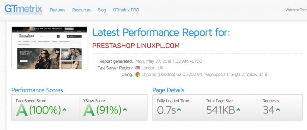 PrestaShop Linuxpl.com- wynik badania GTmetrix