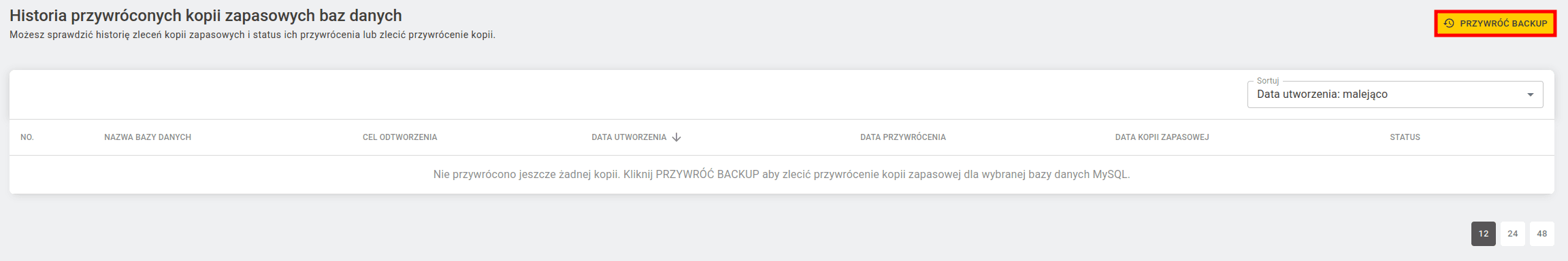 Zakładka kopii zapasowych baz danych z zaznaczonym przyciskiem PRZYWRÓĆ BACKUP