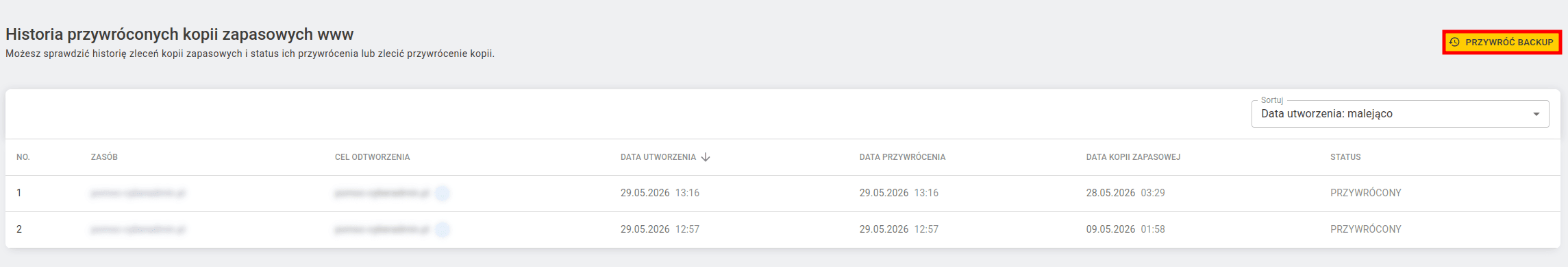 Ekran historii kopii zapasowych WWW w panelu cyber_Admin z zaznaczonym przyciskiem Przywróć backup