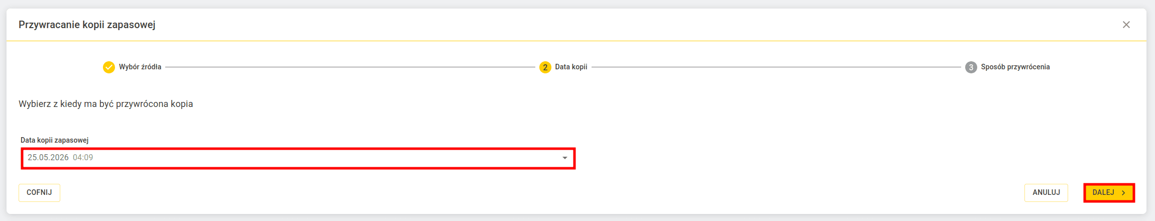 Kreator przywracania kopii zapasowej WWW w cyber_Admin – wybór daty kopii zapasowej