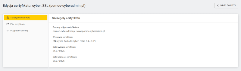 Widok zakładki ze szczegółami certyfikatu SSL