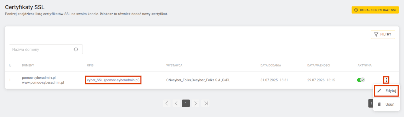 Menu akcji z opcją „Edytuj” przy wybranym certyfikacie