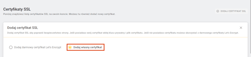 Okno z opcjami wyboru typu dodawanego certyfikatu SSL