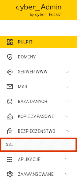 Rozwinięta kategoria „Bezpieczeństwo” z zaznaczoną zakładką „SSL” w panelu cyber_Admin