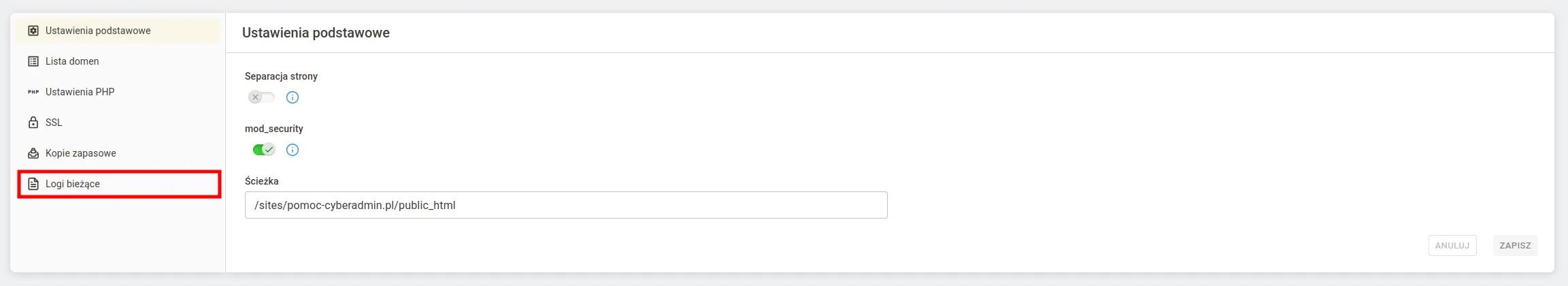 Pozycja Logi bieżące w ustawieniach strony w cyber_Admin