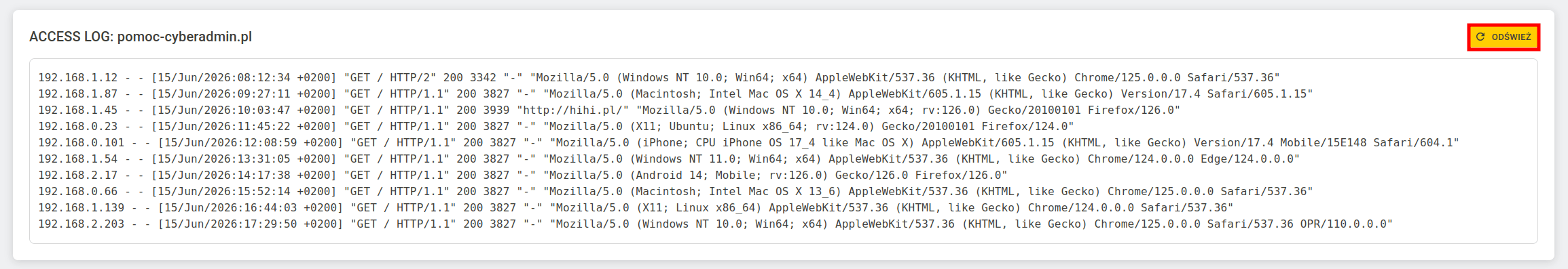 Podgląd ACCESS LOG z wpisami i przyciskiem Odśwież