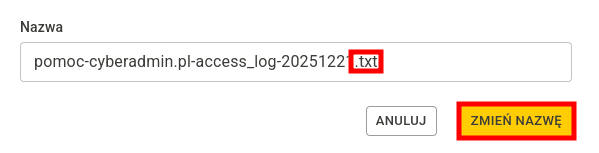 Formularz zmiany nazwy z dodanym rozszerzeniem .txt