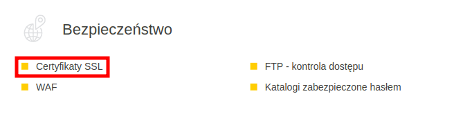 Sekcja Bezpieczeństwo w panelu DirectAdmin z zaznaczoną zakładką Certyfikaty SSL