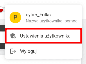 Rozwinięte menu użytkownika z zaznaczoną opcją „Ustawienia użytkownika"