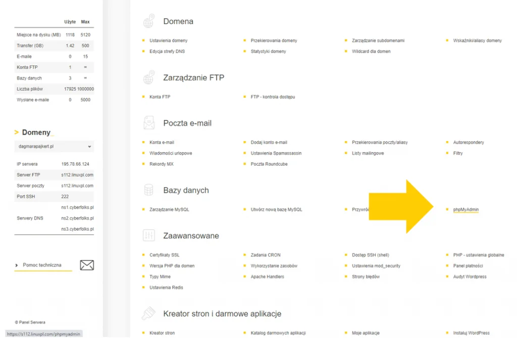 Backup WordPress - narzędzie phpMyAdmin pozwala wykonać kopię bazy danych. Zrzut z ekranu panelu DirectAdmin.