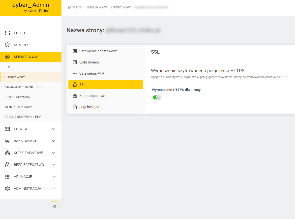 Sekcja SSL w panelu cyber_Admin z włączoną opcją Wymuszenie HTTPS dla strony