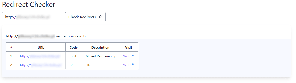 Narzędzie Redirect Checker z wynikiem 301 Moved Permanently oraz 200 OK