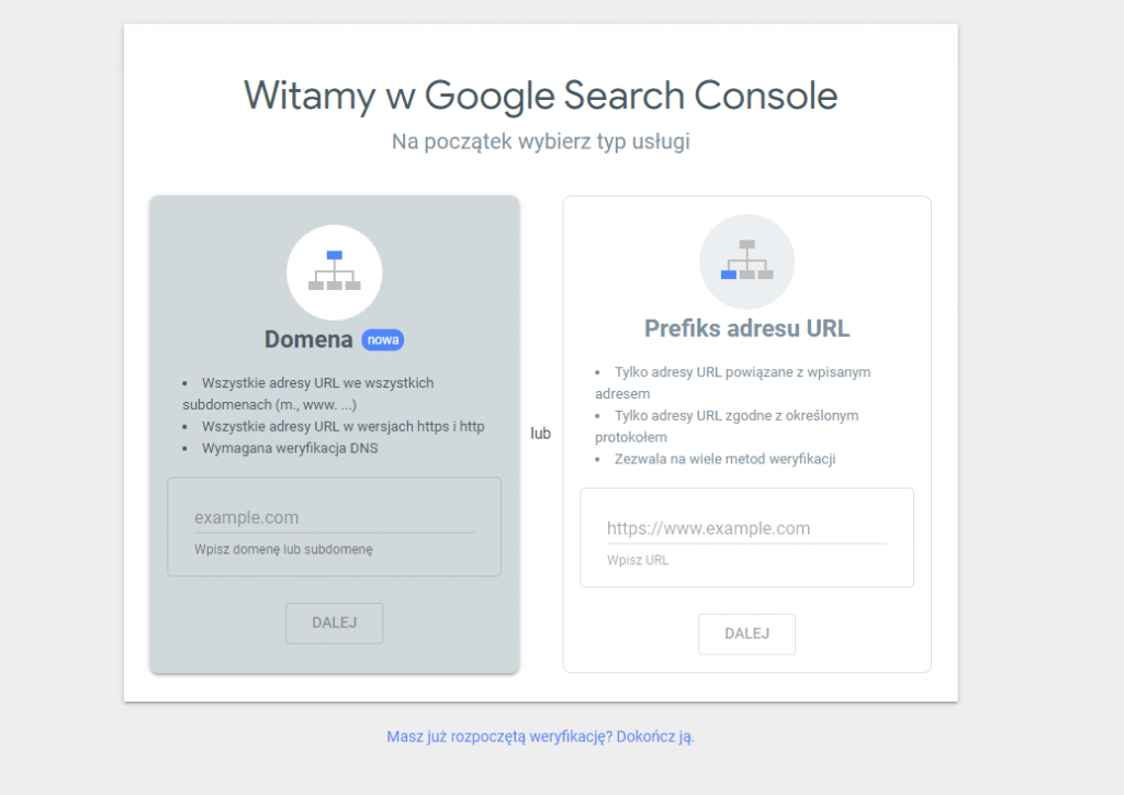 ekran startowy Google Search Console