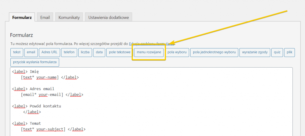 menu rozwijane w formularzu kontaktowym w WordPressie