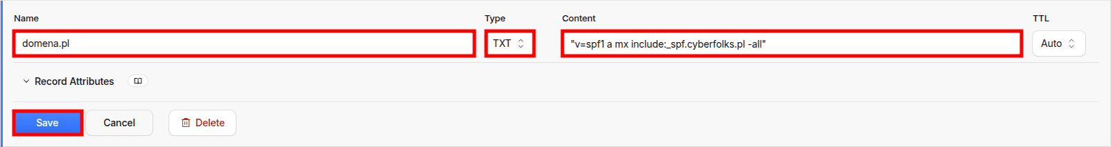 Formularz dodawania rekordu TXT z wartością SPF v=spf1 a mx include spf.cyberfolks.pl dla domeny domena.pl