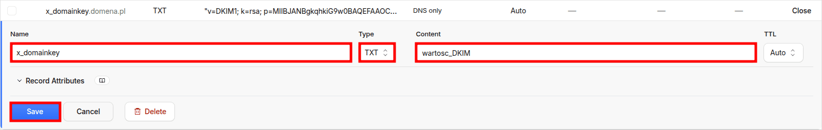 Formularz rekordu TXT z przykładowymi polami Name x.domainkey.domena.pl i Content wartość_DKIM