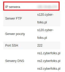 Tabela z danymi serwera w panelu direct_Admin cyberfolks.pl z zakrytym adresem IP serwera