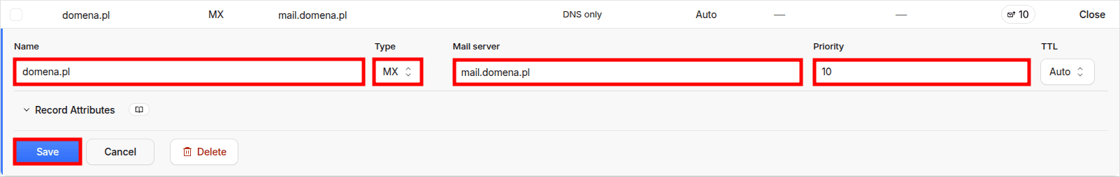 Formularz konfiguracji rekordu MX z polami Name, Mail server i Priority ustawionym na 10 dla subdomeny mail.domena.pl