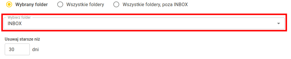 Lista rozwijana Wybierz folder z zaznaczonym folderem INBOX