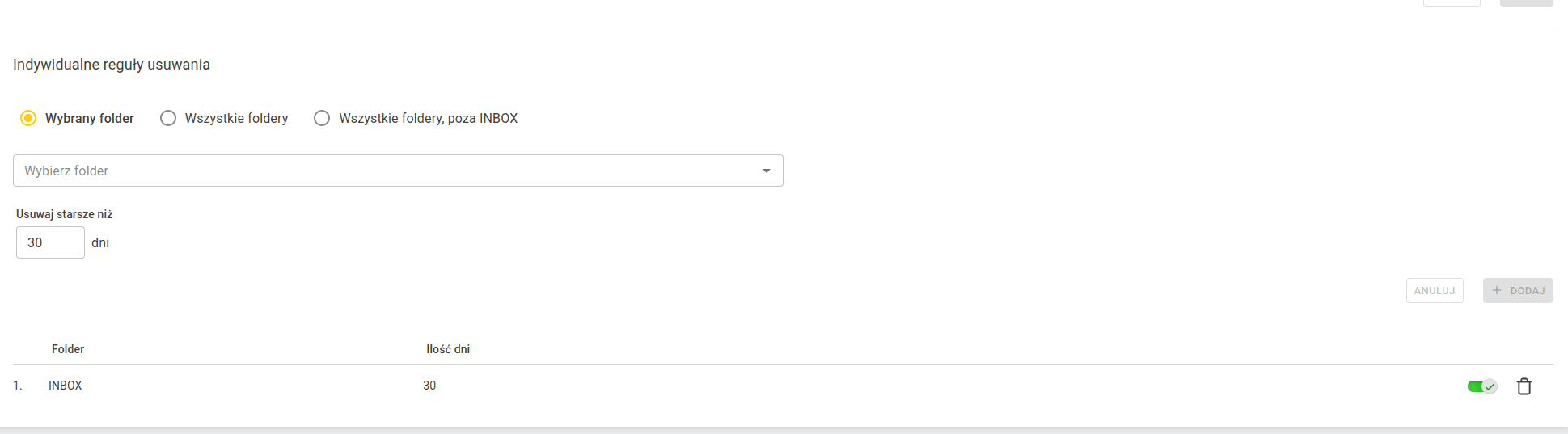 Lista reguł czyszczenia skrzynki z dodaną regułą dla folderu INBOX i wartością 30 dni