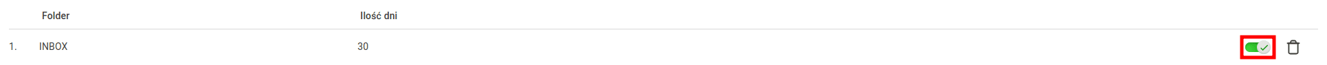 Przełącznik aktywujący i dezaktywujący regułę czyszczenia dla folderu INBOX