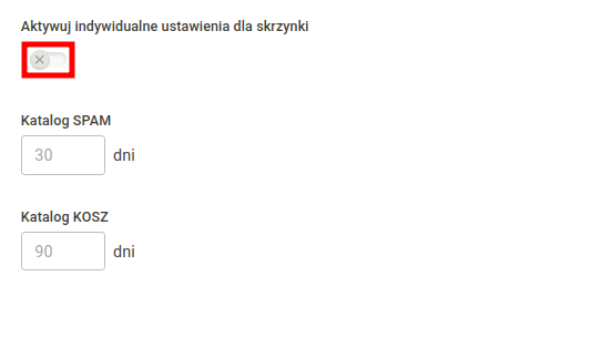 Wyłączony przełącznik Aktywuj indywidualne ustawienia dla skrzynki