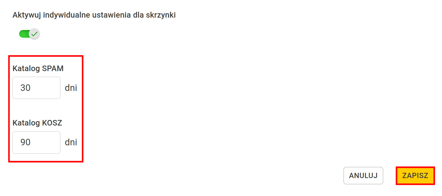 Włączony przełącznik indywidualnych ustawień z edytowalnymi polami Katalog SPAM i Katalog KOSZ oraz przyciskiem ZAPISZ