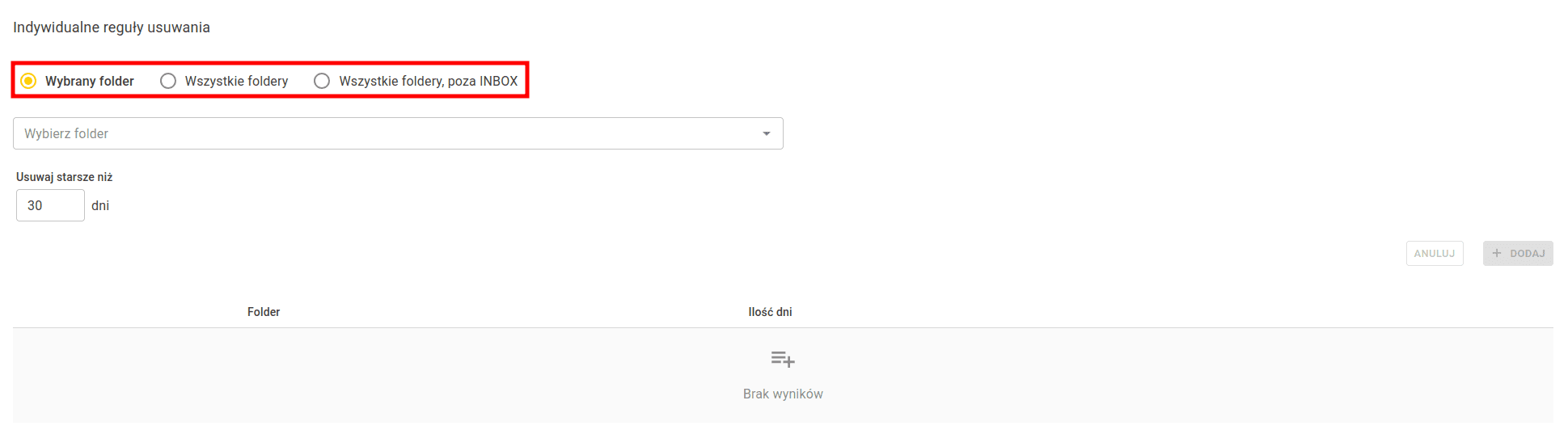 Zaznaczone opcje zakresu reguły: Wybrany folder, Wszystkie foldery, Wszystkie foldery poza INBOX