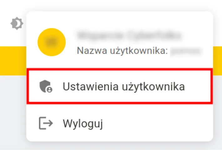 Rozwinięte menu użytkownika z zaznaczoną opcją „Ustawienia użytkownika"
