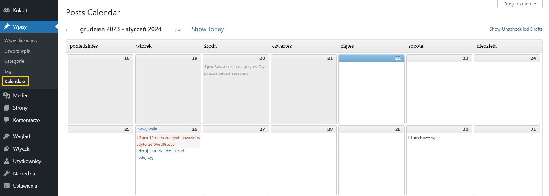 kalendarz planowania wpisów w WordPressie