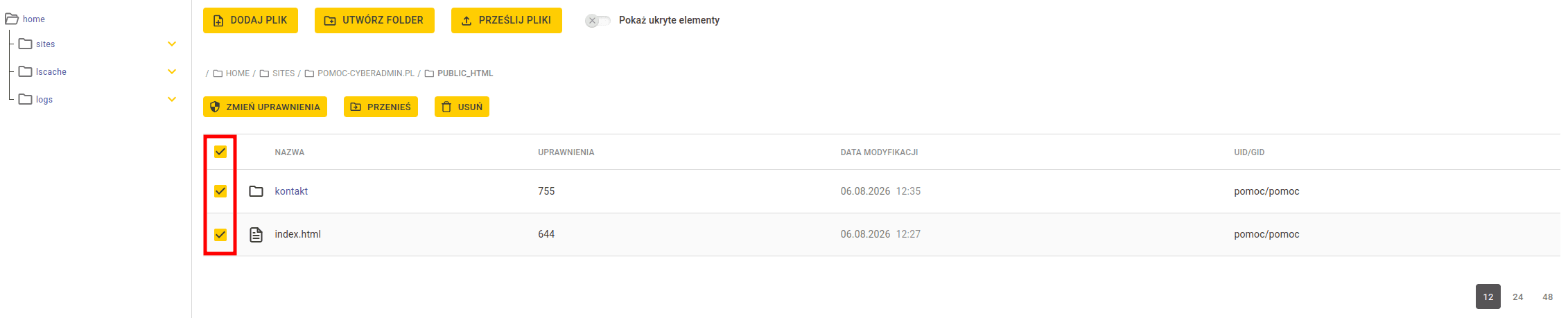 Widok listy elementów z zaznaczonymi polami wyboru