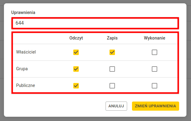 Okno zmiany uprawnień z podświetlonym polem liczbowym 644 oraz tabelką Odczyt, Zapis i Wykonanie dla Właściciela, Grupy i Publicznych