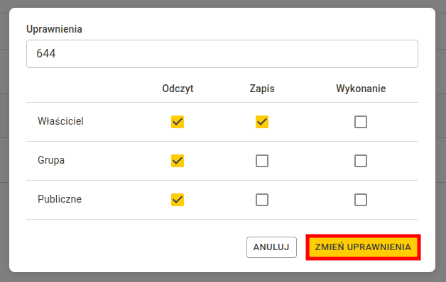 Okno zmiany uprawnień z podświetlonym przyciskiem Zmień uprawnienia potwierdzającym zapisanie zmian