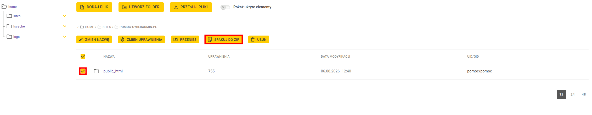 Belka akcji z opcją Spakuj do ZIP