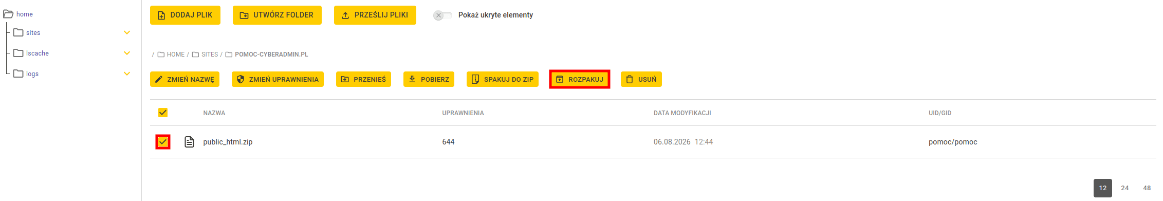 Belka akcji z opcją Rozpakuj dla pliku ZIP