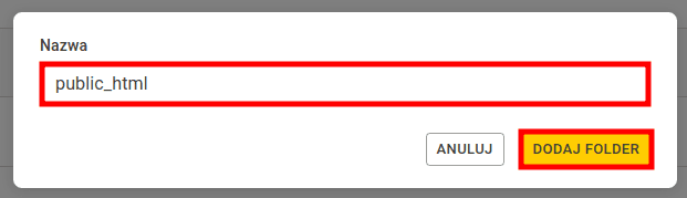 Formularz tworzenia nowego folderu z polem Nazwa i przyciskiem Dodaj folder