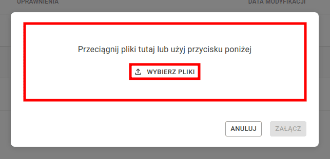 Okno dodawania załącznika z przyciskiem 'Wybierz pliki' i strefą przeciągnij-i-upuść