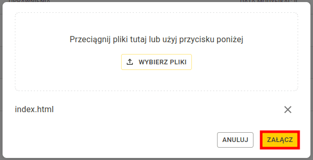 Potwierdzenie przesłania jednego pliku - widok z plikiem index.html oraz przyciskiem Załącz