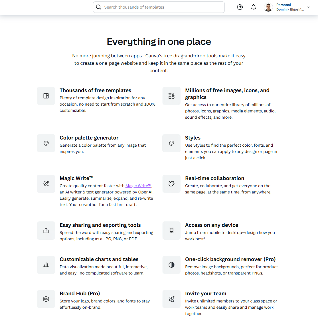 Canva - strona internetowa