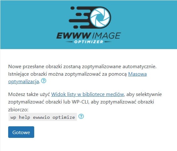 Zakończenie procesu instalacji wtyczki EWWW Image Optimizer w kokpicie WordPressa