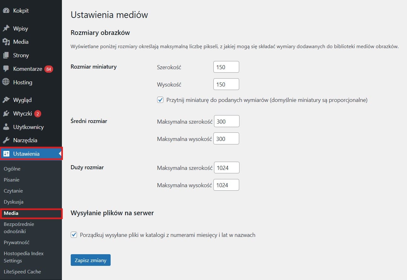 Ustawienia mediów. Rozmiary. Kokpit WordPressa