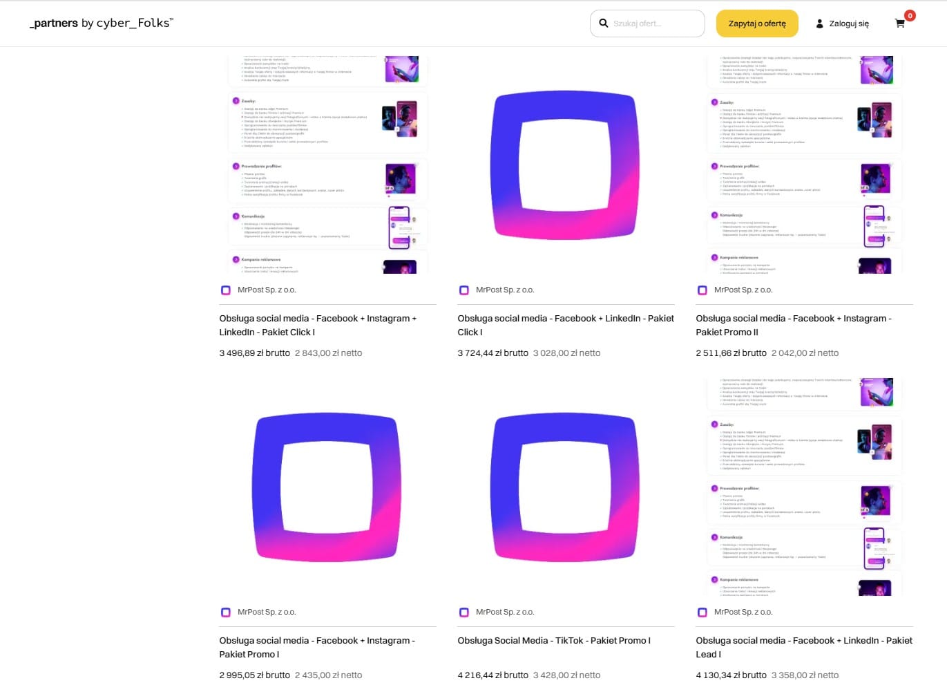 Oferty pakietów prowadzenia social media. Screenshot od _partners.