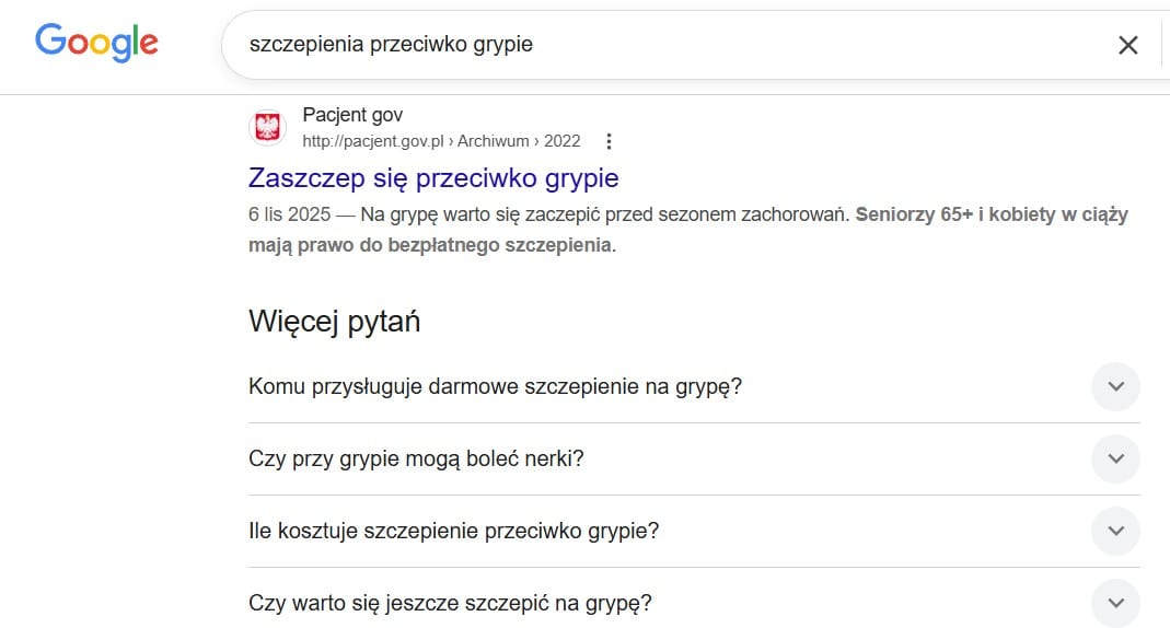 Dane strukturalne w wynikach wyszukiwania. Sekcja FAQ dla serwisu medycznego