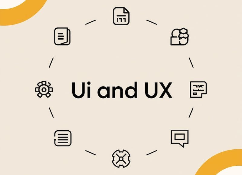 Obrazek na którym jest napis Ui and UX, z różnymi ikonkami.
