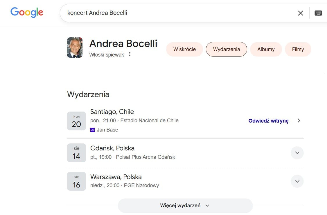 Wynik rozszerzony dla wydarzenia. Screenshot wyników wyszukiwania. Źródło: https://www.google.com/search
