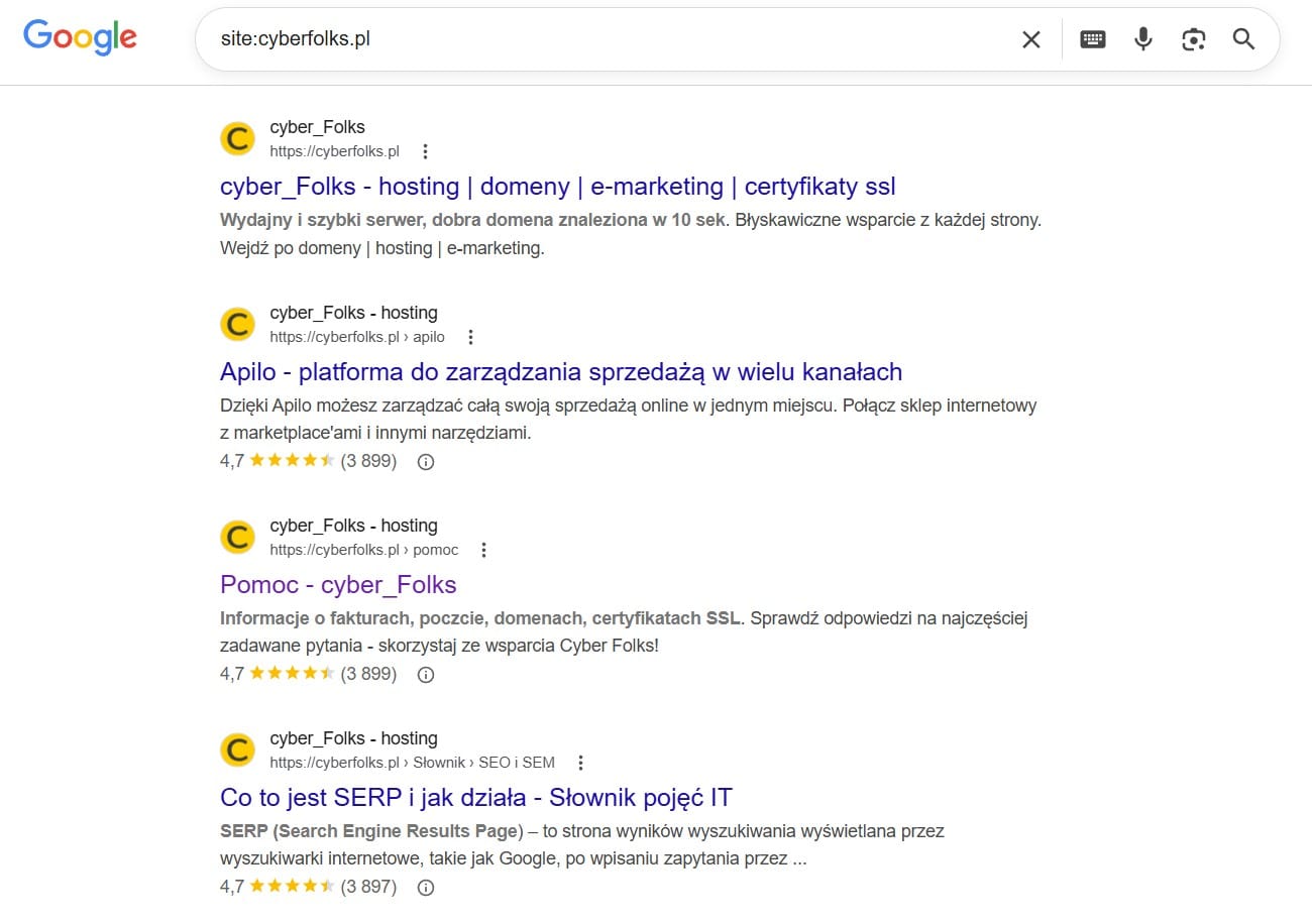 Sprawdzanie zaindeksowanych podstron metodą site