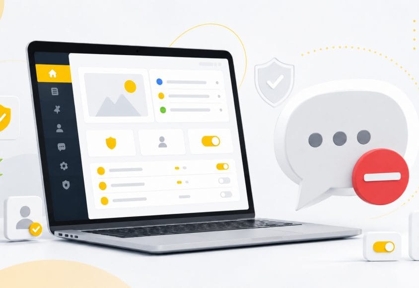 Laptop z różnymi ustawieniami, a na boku dymek komentarza z czerwonym znakiem stop.