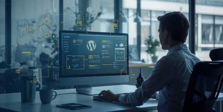Mężczyzna w stroju formalnym przy komputerze, patrzący na konfigurację i automatyzację WordPress'a.