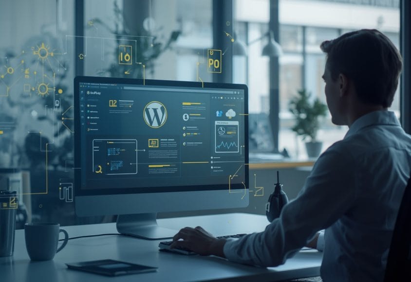 Mężczyzna w stroju formalnym przy komputerze, patrzący na konfigurację i automatyzację WordPress'a.