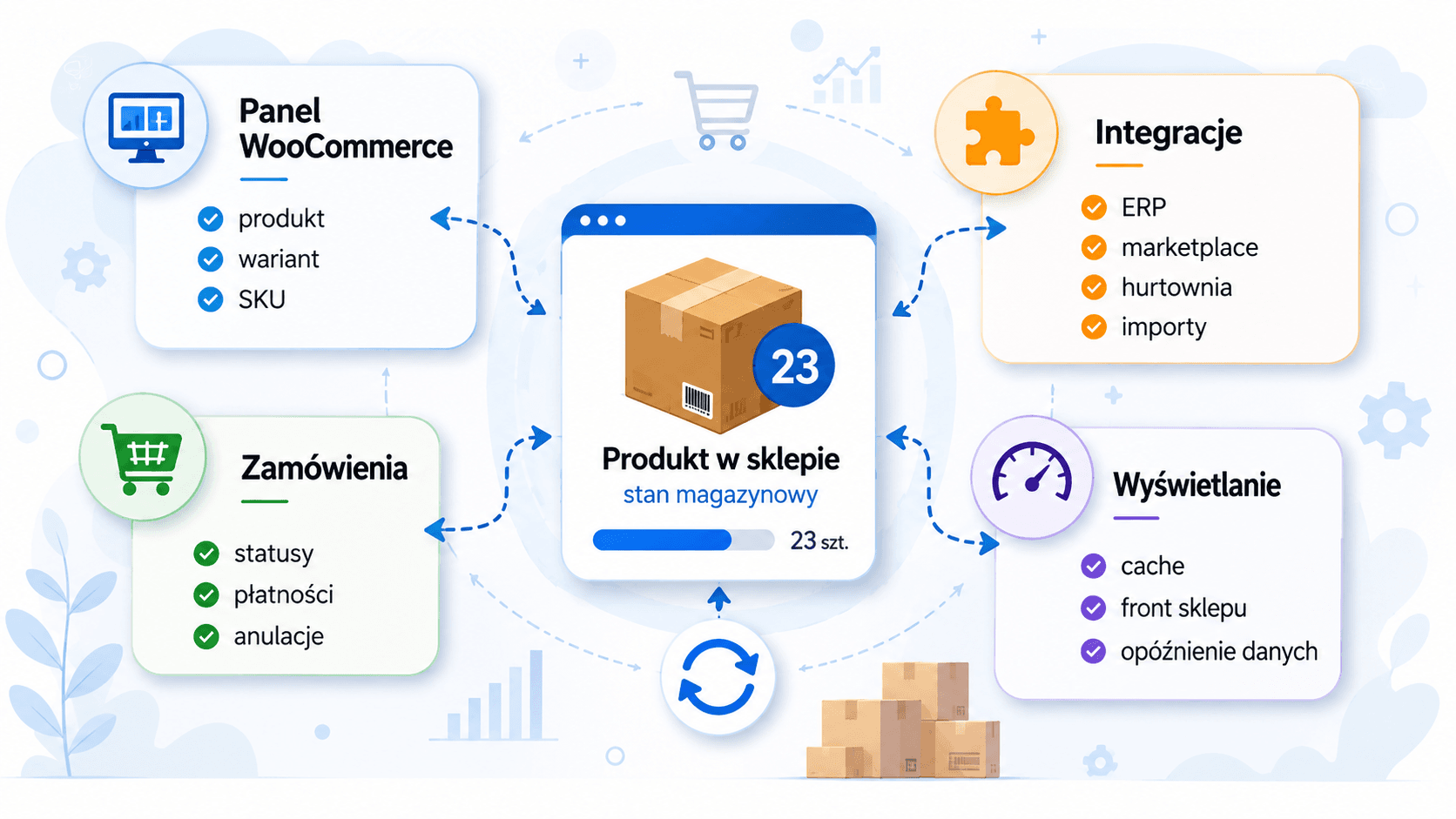 Schemat pokazujący najczęstsze przyczyny błędnych stanów magazynowych w WooCommerce: panel sklepu, zamówienia, integracje i wyświetlanie danych.